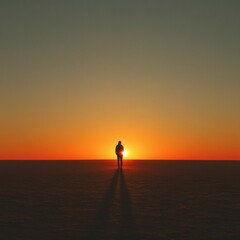 Wall Mural - Silhouette of a person walking towards the sunset in a vast, empty field.