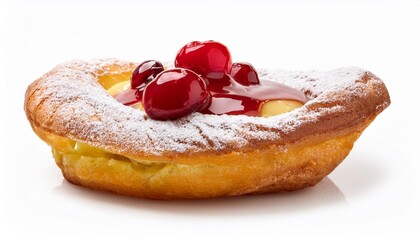 Wall Mural - italian dessert zeppola di san giuseppe baked cake garnished with custard and sour cherries in syrup isolated on white background close up