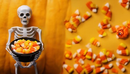 Wall Mural - halloween skeleton with a candy corn bowl