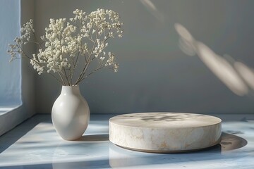 Sticker - Minimalist Still Life with White Flowers and Round Marble Podium