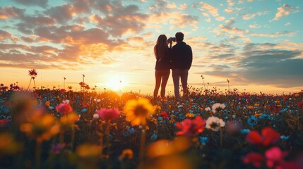 Sticker - Silhouetted couple standing in a field of flowers at sunset.