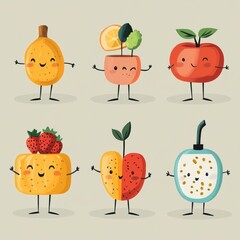 Wall Mural - Six cartoon fruits with arms and legs on a light green background.