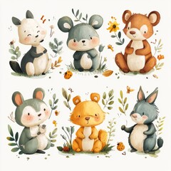 Wall Mural - Six cute cartoon animals sitting in a forest setting, including a bear, fox, bunny, mouse, and two squirrels.