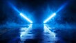 © Elmira - Bright blue searchlights pierce through thick, misty smoke, creating an atmospheric glow on a damp surface in an urban environment at night