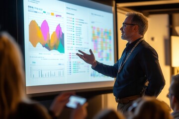 Aufkleber - An expert confidently shares analysis findings in front of an audience, highlighting colorful charts and graphs on a large screen. Generative AI