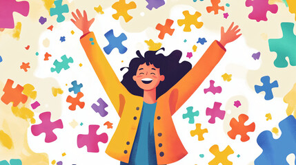 Wall Mural - An illustration of a person feeling joy while completing a challenging puzzle or game.