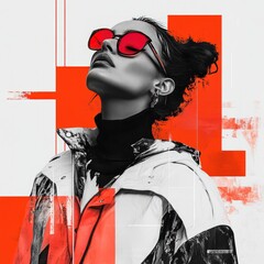 Canvas Print - Stylish woman with red sunglasses looking up in a geometric design.