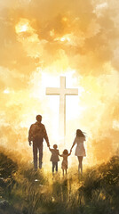 Jesus Christ embodies light of faith and spirituality for children and families, guiding their worship and connection to God through the teachings of Christianity and the symbol of cross.