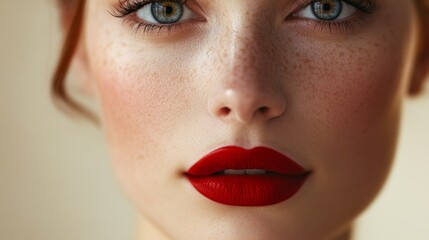 Poster - Close-up Portrait of a Woman with Red Lipstick and Freckles