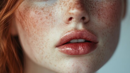 Canvas Print - Close-up of a woman's freckled face with pink lips