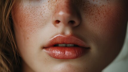 Poster - Close-up of a Woman's Freckled Face with Pink Lips