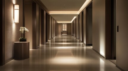 the long hotel corridor features smooth surfaces and soft warm lighting from overhead lamps, invitin