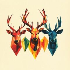 Poster - Three stylized deer heads in red, orange, and blue geometric patterns.