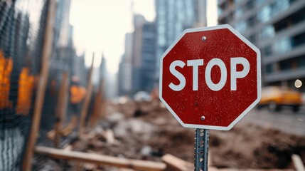 A prominent red stop sign stands at a construction site, with urban buildings and construction activities faintly visible in the background, creating a busy city scene.