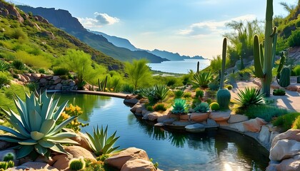 Wall Mural - Vibrant Summer Botanical Garden Showcasing Cacti and Succulents with Breathtaking Mountain and Sea Views for Nature and Travel Lovers