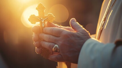 Wall Mural - Priest holds a golden cross and prays at sunset