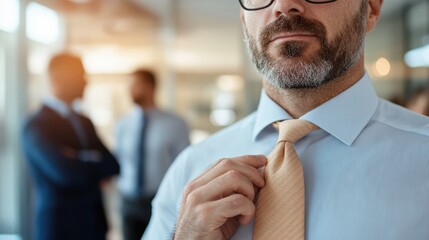 A professional scene featuring a businessman in formal attire adjusting his tie, with colleagues conversing in the background, set in a modern office environment.