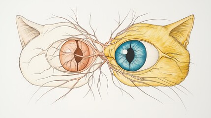 Sticker - Two cat eyes with veins and nerves, one blue and one brown, drawn in a surreal style.