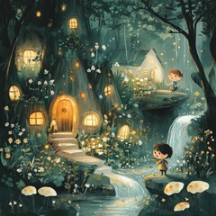 Poster - Two children stand in a magical forest with glowing houses and a waterfall.