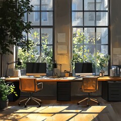 Canvas Print - Two desks with computers and chairs in a modern office with large windows.  Sunlight streams through the windows and illuminates the room.