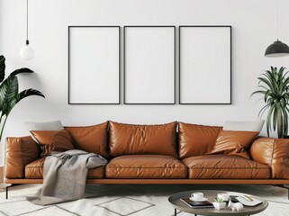 Three blank frames above a brown leather sofa in a minimalist living room with plants, a blanket, and a coffee table.