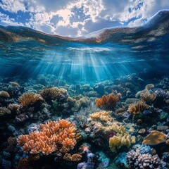 Wall Mural - Underwater view of a vibrant coral reef with sunbeams shining through the surface.