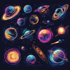 Canvas Print - Vibrant watercolor illustration of planets and stars in space.