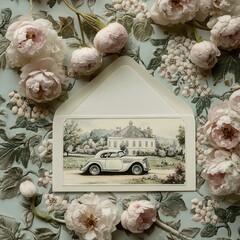 Wall Mural - Vintage car postcard surrounded by pink peonies on a floral patterned background.