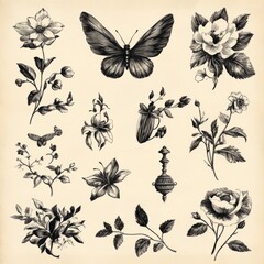 Poster - Vintage floral and butterfly illustrations.