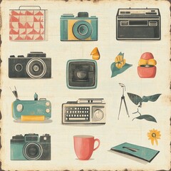 Canvas Print - Vintage illustration of cameras, radios, a suitcase, a cup, and flowers on a distressed background.