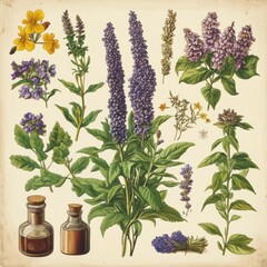 Poster - Vintage illustration of various herbs and flowers with two bottles of essential oil.