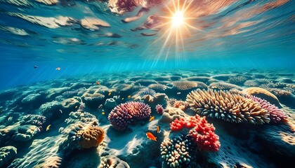 Vibrant Coral Reef Underwater Scene with Sun Rays Illuminating Diverse Marine Life on Tropical Seabed