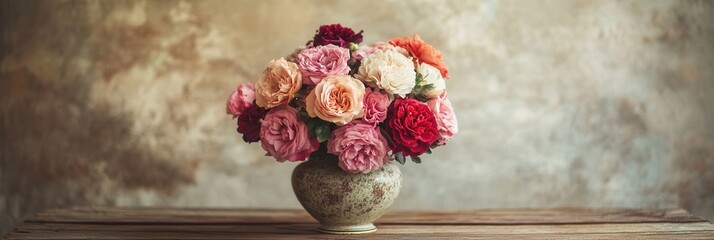 Poster - A beautifully arranged classic bouquet of roses and carnations sits in a vintage ceramic vase atop an antique wooden table. Generative AI
