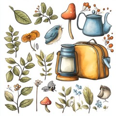 Wall Mural - Watercolor illustration of a teapot, lantern, suitcase, birds, mushrooms, leaves, flowers, and a butterfly.