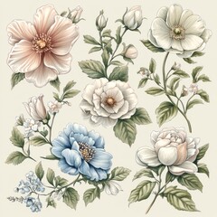 Sticker - Watercolor illustration of delicate, vintage-style flowers in various pastel colors.