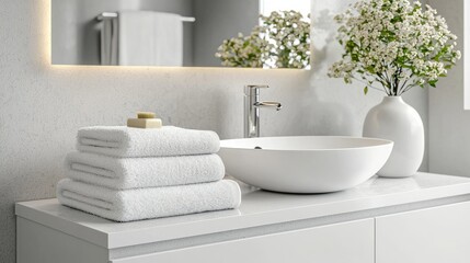 Poster - White towels, soap, and a vase of flowers on a white countertop in a modern bathroom.