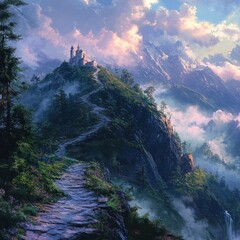 Poster - Winding stone path leading up to a castle on a mountaintop, with mist and clouds below.