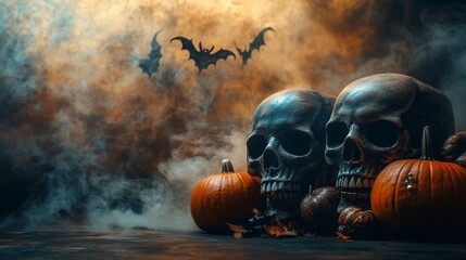 Two skulls sit beside vibrant pumpkins, creating a spooky Halloween vibe, while dark bats fly above in a misty, atmospheric setting