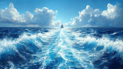 A Ship's Wake in a Blue Ocean Under a Cloudy Sky