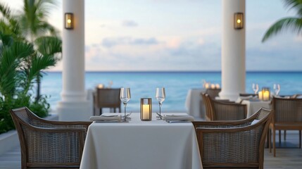 A serene outdoor dining setup by the ocean, featuring elegant tables, soft lighting, and lush greenery for a tropical escape.