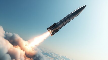 Aufkleber - A rocket ascends rapidly into the clear blue sky, generating a trail of smoke and flames as it takes off from the launch pad