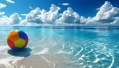 Joyful beach scene with colorful balls splashing in bright blue water beneath a sunny sky filled with fluffy clouds