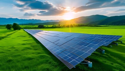 Vibrant green field adorned with solar panels, capturing sunlight and promoting a sustainable future under a clear blue sky