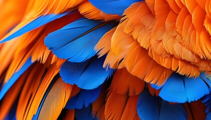 Wall Mural - Dynamic close-up of orange and blue feathers highlighting intricate texture and vibrant color gradient for artistic inspiration and decorative appeal