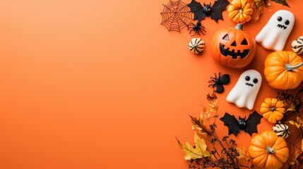 A festive Halloween arrangement featuring pumpkins, ghost decorations, and autumn leaves set against an orange background.