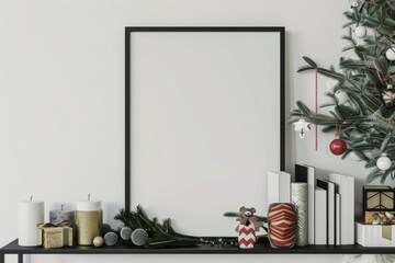 Christmas themed mockup with blank black frame on black shelf, Christmas tree with red and white ornaments, white wall.