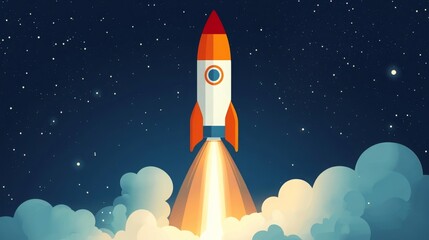Aufkleber - A colorful rocket ascends into the dark night sky, leaving a trail of flames and smoke