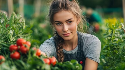 Wall Mural - Young woman picking fresh tomatoes in a garden, smiling at the camera.