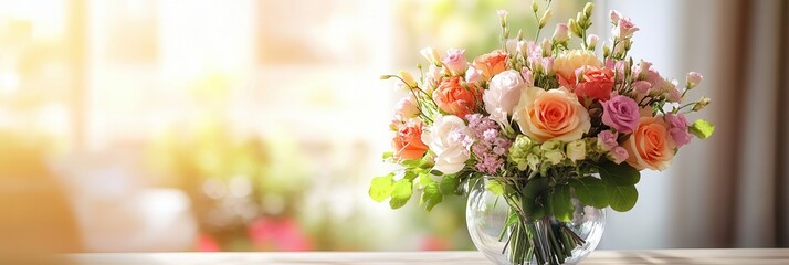 Poster - A beautifully arranged bouquet of flowers in a glass vase captures sunlight, creating a fresh, inviting atmosphere on the table. Generative AI