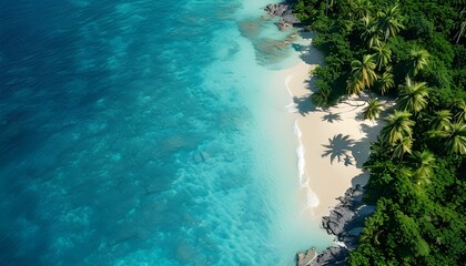 Wall Mural - Tropical island paradise surrounded by crystal-clear turquoise waters, lush palm trees, and pristine sandy beaches